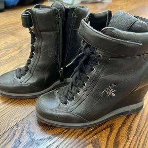 Prada wedge lace up leather boot